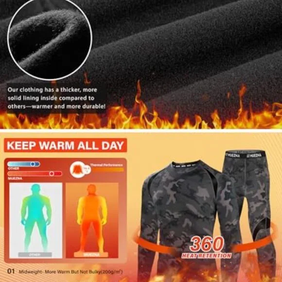 Men's Thermal Base Layer Set Fleece Lined Performance Fit Athletic